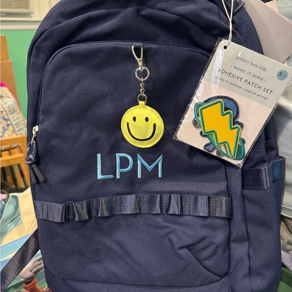 Pottery Barn Kids Navy Backpack with Smiley Face Keychain